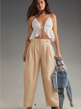 Maeve High-Rise Pleated Wide-Leg Trousers in Light Cream